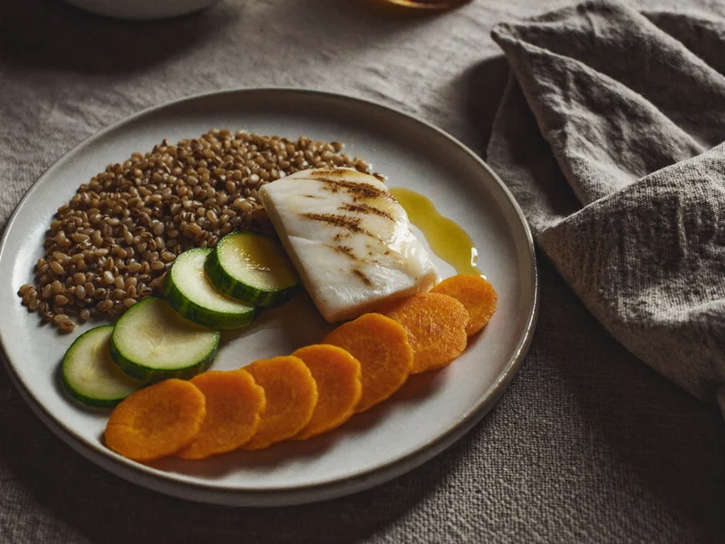 Piatto con pesce in bianco, zucchine, carote e farro integrale