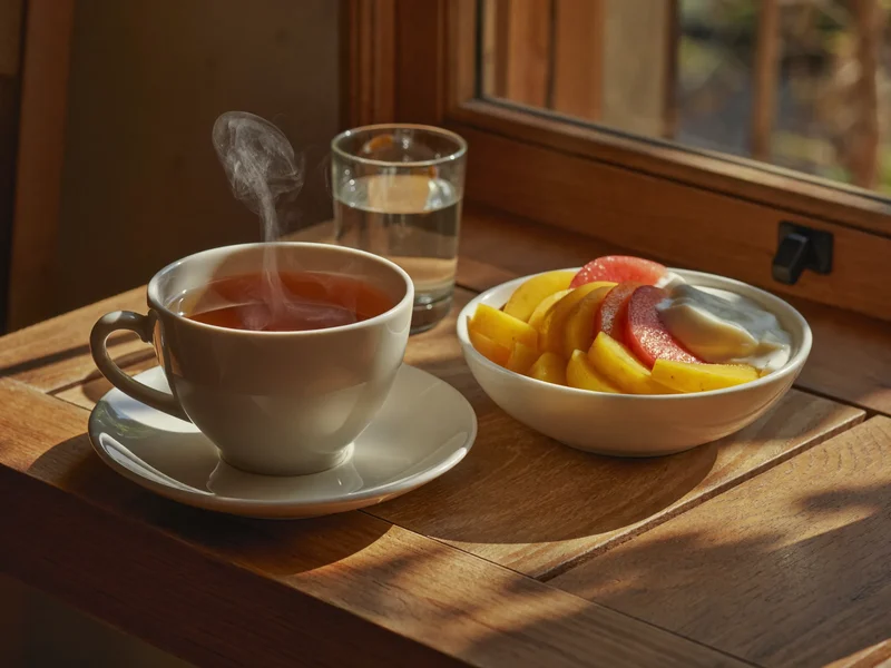 Tisana, acqua e yogurt con frutta su un tavolo soleggiato