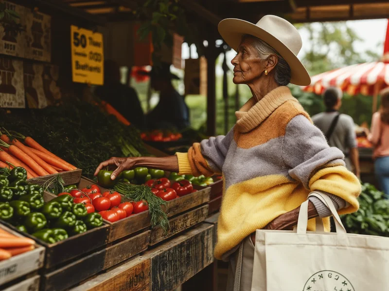 Donna anziana che sceglie le verdure a un banco del mercato