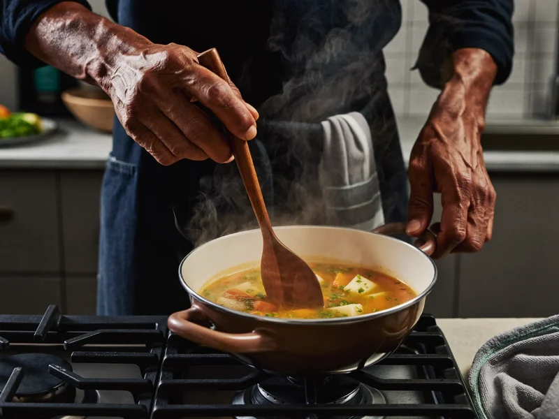 Mani che mescolano una zuppa di verdure fumante sul fornello